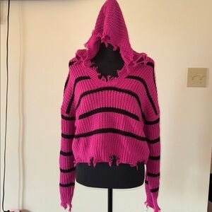 Pink and Black Distressed Hooded Fuzz Sweater